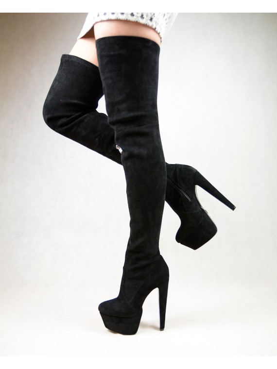 Black thigh high on sale boots chunky heel